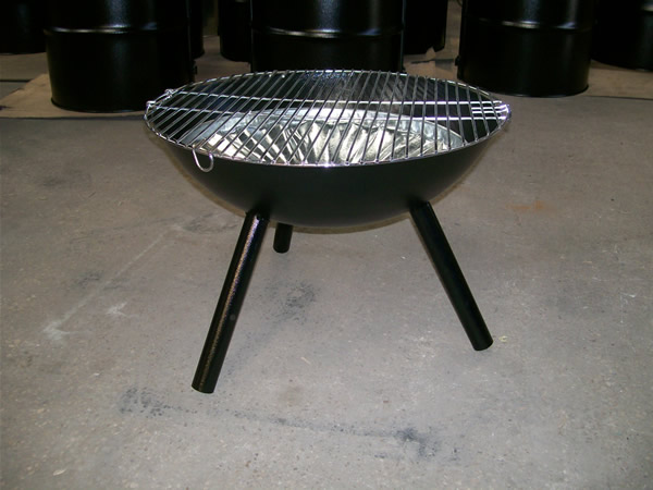 fire pit kettle with barrel Deluxe Barrel Barbecue's in the background